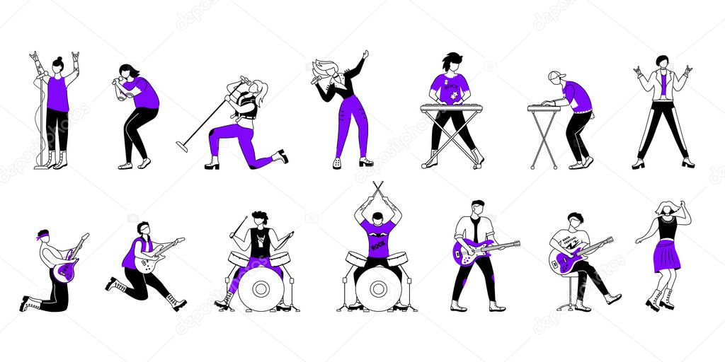 Rock musicians flat contour vector illustrations set. Music band members. Guitarists, drummers, lead vocalists. People playing at concert. Isolated cartoon outline character. Simple drawing