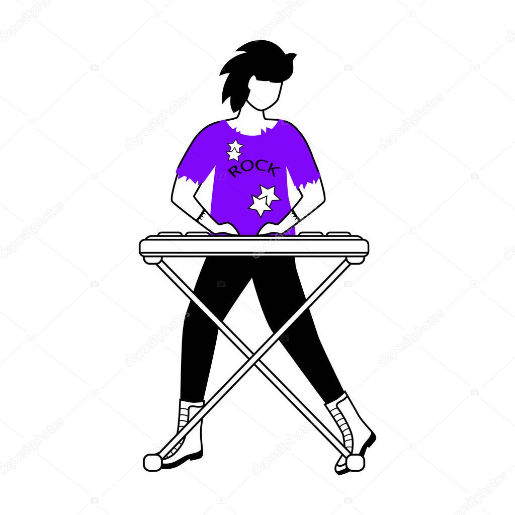 Keyboardist flat contour vector illustration. Keyboard player. Musician. Rock band member. Punk. Man with musical instrument. Isolated cartoon outline character on white background. Simple drawing