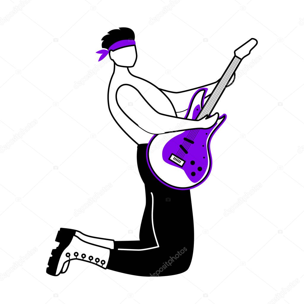 Guitarist flat contour vector illustration. Guitar player standing on his knees. Musician. Music band member. Rock and roll. Concert. Isolated cartoon outline character on white. Simple drawing