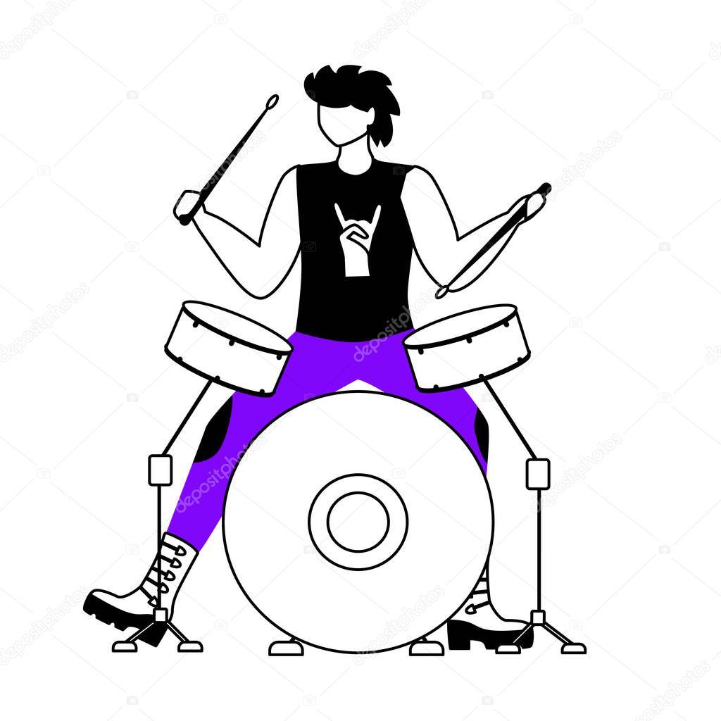 Drummer flat contour vector illustration. Drum player. Musician. Punk music band member. Rock and roll. Man with musical instrument. Gig. Isolated cartoon outline character on white. Simple drawing