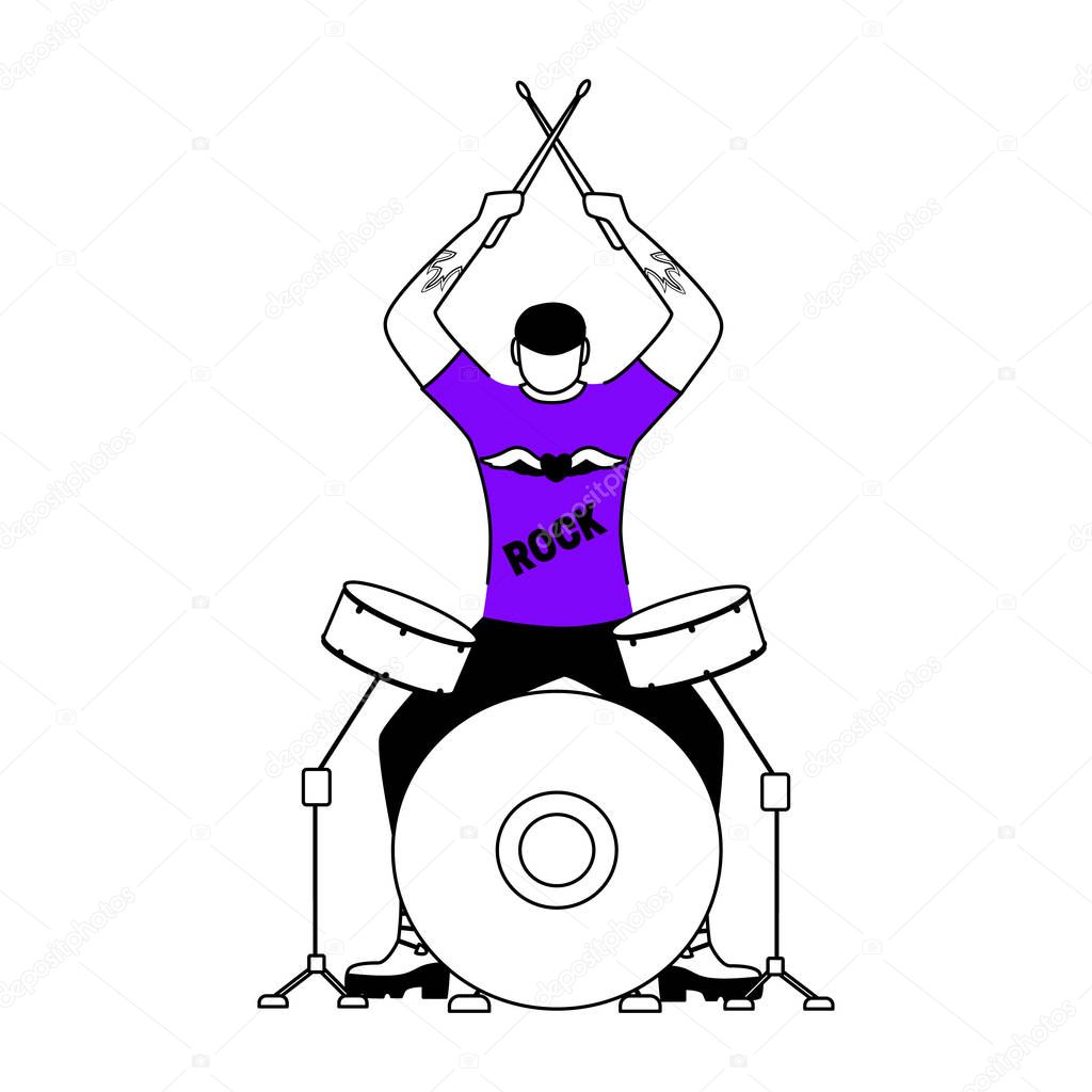 Drummer flat contour vector illustration. Drum player. Musician. Rock band member. Rock and roll. Man with musical instrument. Concert. Isolated cartoon outline character on white. Simple drawing