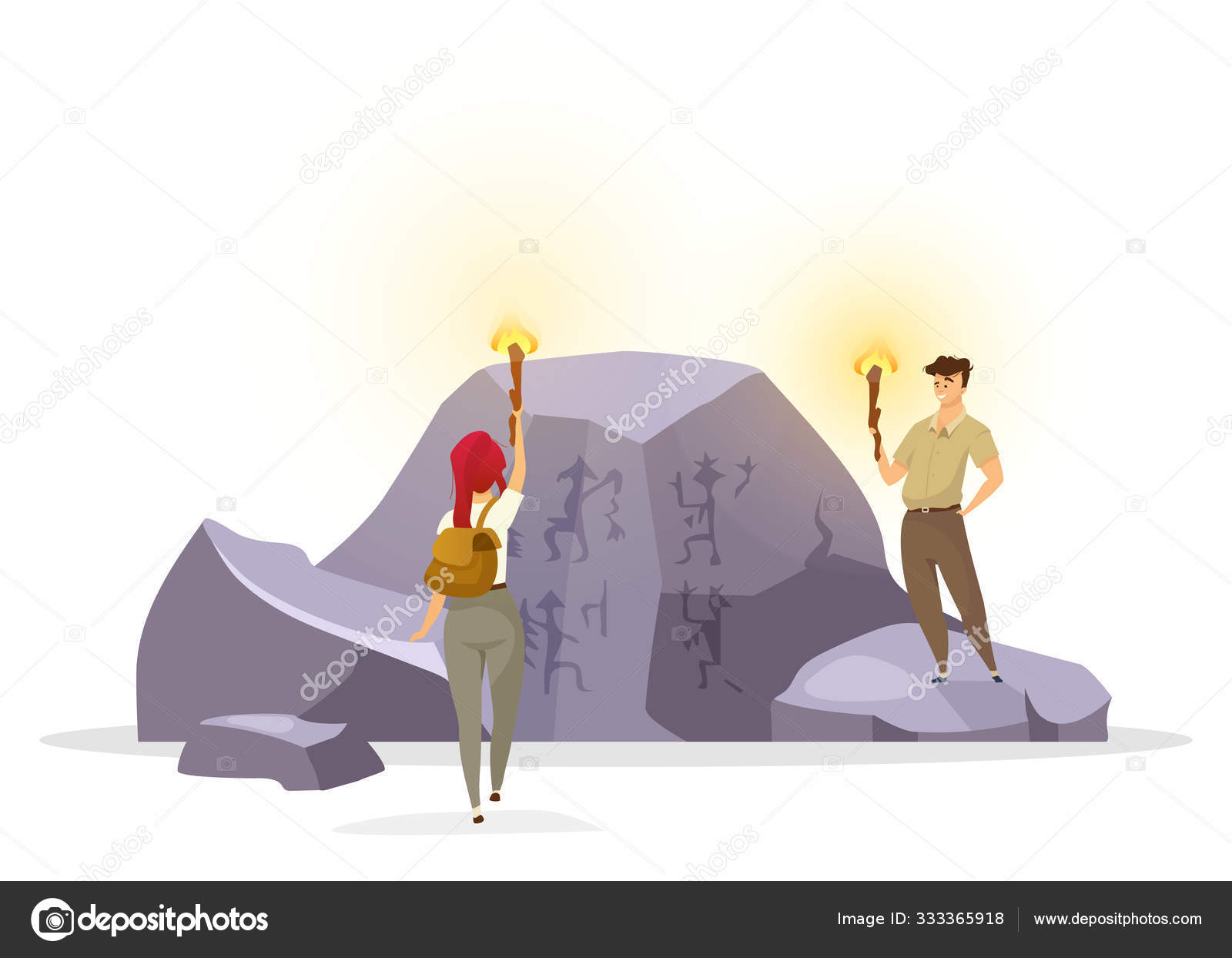 Tourists in cave flat vector illustration. Expedition group observing wall  painting on rock. Prehistoric culture. Woman and man with torches discover  mural pictures. Explorers cartoon characters Stock Vector Image by  ©ntlstudio #333365918