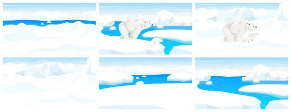 Βόρεια πόλο άγρια ζώα επίπεδη διανυσματική απεικόνιση. Αρκτικό τοπίο. Χιονάτη πανοραμική σκηνή. Λευκή ενήλικη αρκούδα που περπατάει με μικρά σε χειμερινούς λόφους. Παγόβουνο. Θαλάσσια θηλαστικά ταπετσαρία κινουμένων σχεδίων — Διανυσματικό Αρχείο