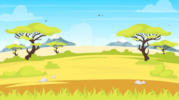 African landscape flat vector illustration. Safari panoramic land. Green savanna scene with foliage. Meadow field. Green scenery. Exortic and tropical grassland. Summer valley cartoon background