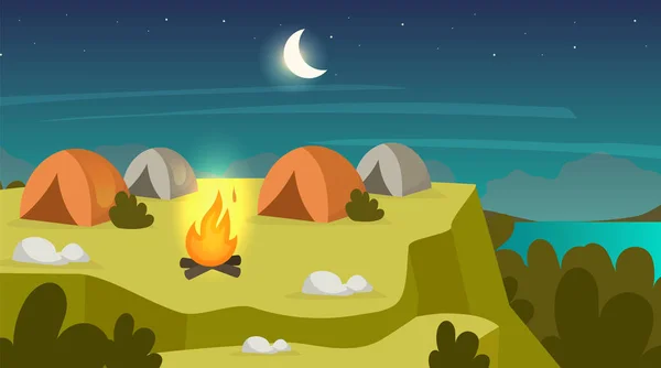 Camping sit flat Vektor Illustration. Nachtszene mit Lagerfeuer und Zelten. Übernachtung auf dem Gipfel. Wanderrast auf dem Hügel plato. Feldlandschaft. Expeditionsort. Hintergrund der Karikatur — Stockvektor