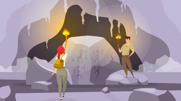 Expedition into caves flat vector illustration. Man and woman exploring inside mountain with torches. Female find mural painting. Male observing wall pictures. Tourists cartoon characters — 스톡 벡터