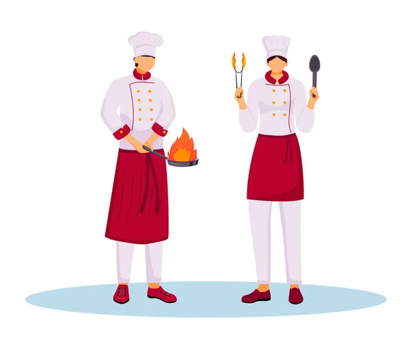 Chefs de hotel en uniforme ilustración vector de color plano. Personal de cocina, personal de servicio, trabajadores de restaurantes. Dos cocineros con utensilios de cocina personajes de dibujos animados aislados sobre fondo blanco — Vector de stock