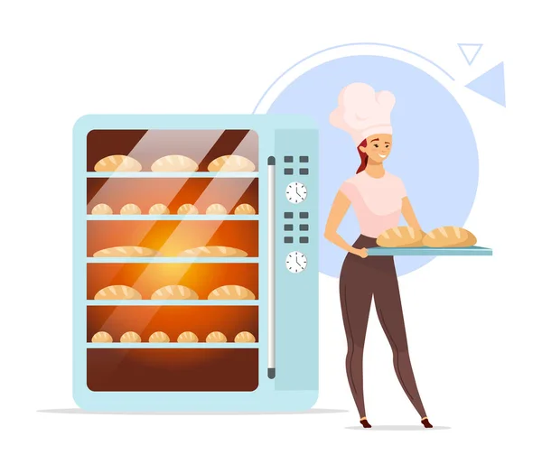 Panificio piatta illustrazione vettoriale a colori. Panettiera femminile accanto al forno. Prodotti da forno. Produzione di pane. Pasticceria. Industria alimentare. Donna col cappello da chef. Isolato personaggio dei cartoni animati su sfondo bianco — Vettoriale Stock