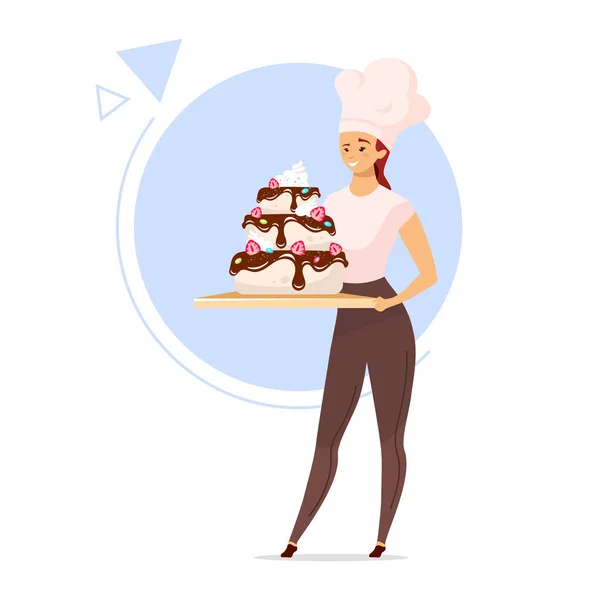 Žena drží stupňovitý dort ploché barevné vektorové ilustrace. Pekařka v kuchařském klobouku. Dívka s cukrářským výrobkem. Koncept cukrovinek. Izolovaný kreslený postava na bílém pozadí — Stockový vektor