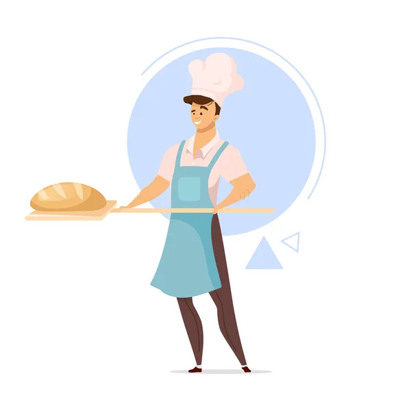Pria pembuat roti dengan ilustrasi vektor warna roti datar. Produk panggang. Toko roti. Produksi roti. Toko kue. Industri makanan. Pria dengan baking paddle. Karakter kartun terisolasi pada latar belakang putih - Stok Vektor