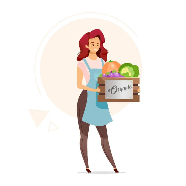 Vrouw holding box van biologische groenten platte kleur vector illustratie. Vrouwelijke boer. Boeren. Gezond voedsel verkoper. Voorraadwinkel. Kruidenierszaak. Geïsoleerde stripfiguur op wit — Stockvector