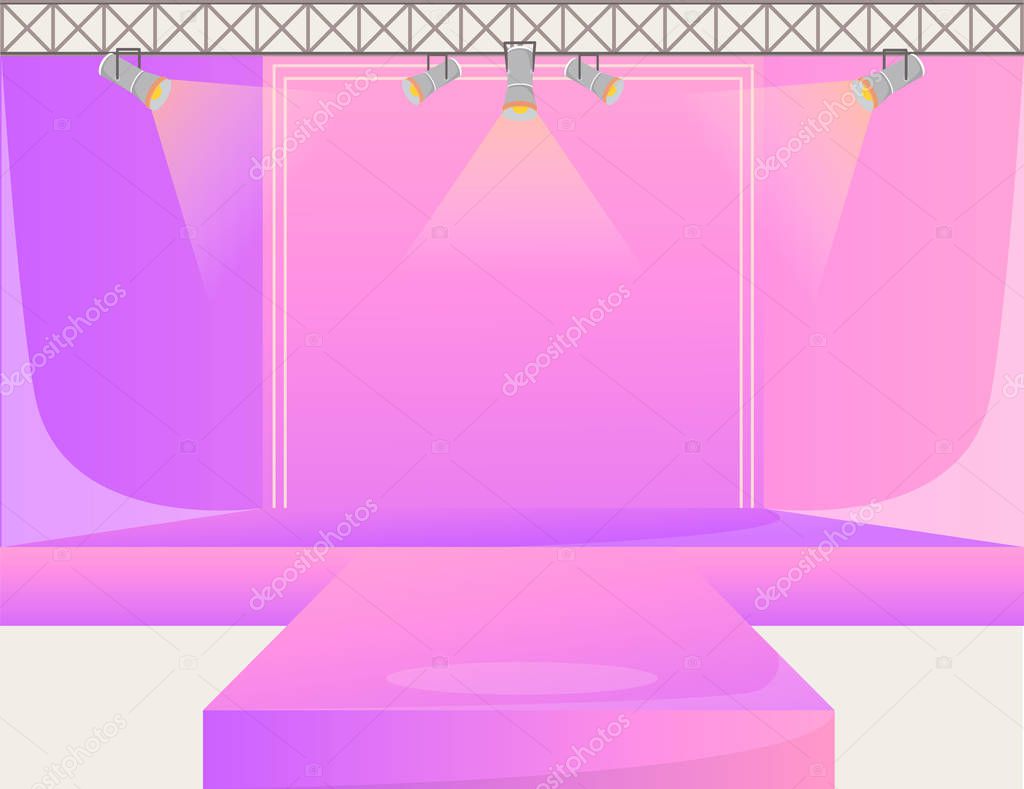 Pink runway platform flat color vector illustration. Empty podium stage. Catwalk with spotlights. Fashion week demonstration area. Presentation of new collection. Fashion shows background