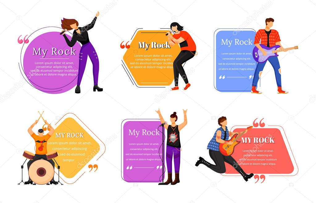 Rock musicians flat color vector illustration. Music band members. Isolated cartoon character. Quote blank frame template. Speech bubble. Quotation, citation text box design.