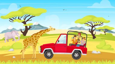 Afrika gezisi düz vektör çizimi. Savannah 'a yolculuk. Arabadaki turist grubu zürafaları gözlemliyor. Kadın ve adam kamyonda. Yeşil tarladaki fil. Hayvanlar ve insanlar çizgi film karakterleri