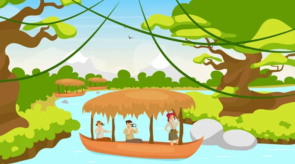 Tourist in boat flat vector illustration. Group on journey in ship. Sailing on river stream. Rainforest landscape. Mediterranean forest with watercourse. Female and male cartoon characters — 스톡 벡터