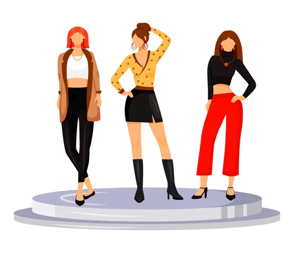 Moda pista niñas plana vector de color ilustración. Los modelos demuestran nuevas tendencias, ropa y accesorios. Nueva colección pasarela hembras personaje de dibujos animados aislados sobre fondo blanco — Archivo Imágenes Vectoriales