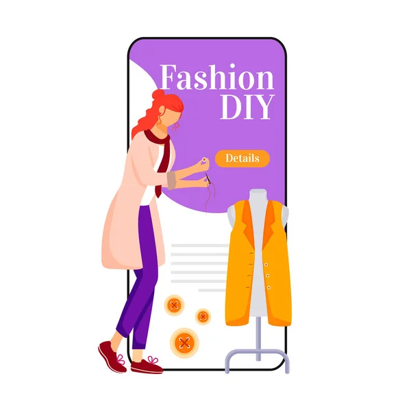 Fashion diy cartoon smartphone vector app screen. Creating and sewing clothes. Designing outfits. Mobile phone display with flat character design mockup. Fashion trends application telephone interface — Stock Vector
