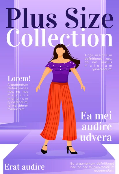 Artı boyut dergi kapağı şablonu. Pist kıyafetleri. Moda haberleri. Gazete tasarımı. Düz karakterli vektör sayfası düzeni. Metin alanı ile biçim rehberi reklam çizgi filmi illüstrasyonu
