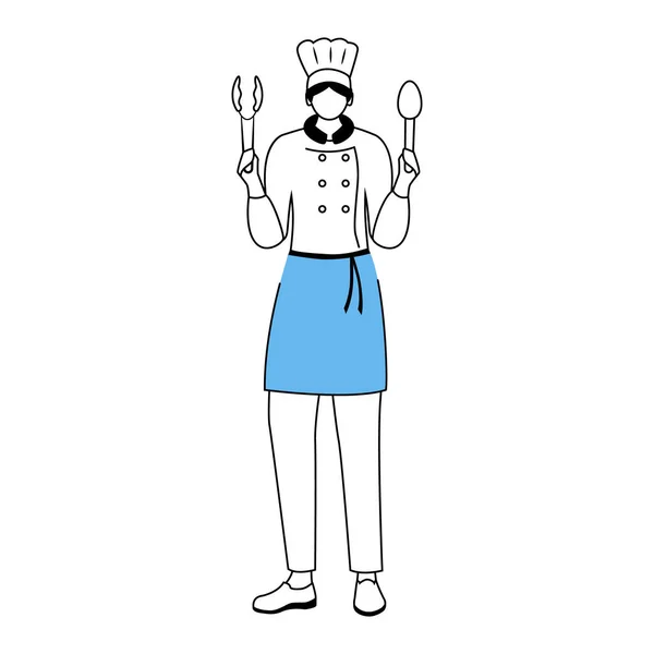 Hotel chef flat vector illustratie. Restauranthouder in uniform met keukengerei. Catering service, culinair. Keukenpersoneel in schort stripfiguur met omtrek op wit — Stockvector
