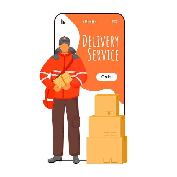 Delivery service cartoon smartphone vector app screen. Parcel tracking notification. Man in UK uniform. Mobile phone displays with flat character design mockup. Application telephone cute interface — 스톡 벡터