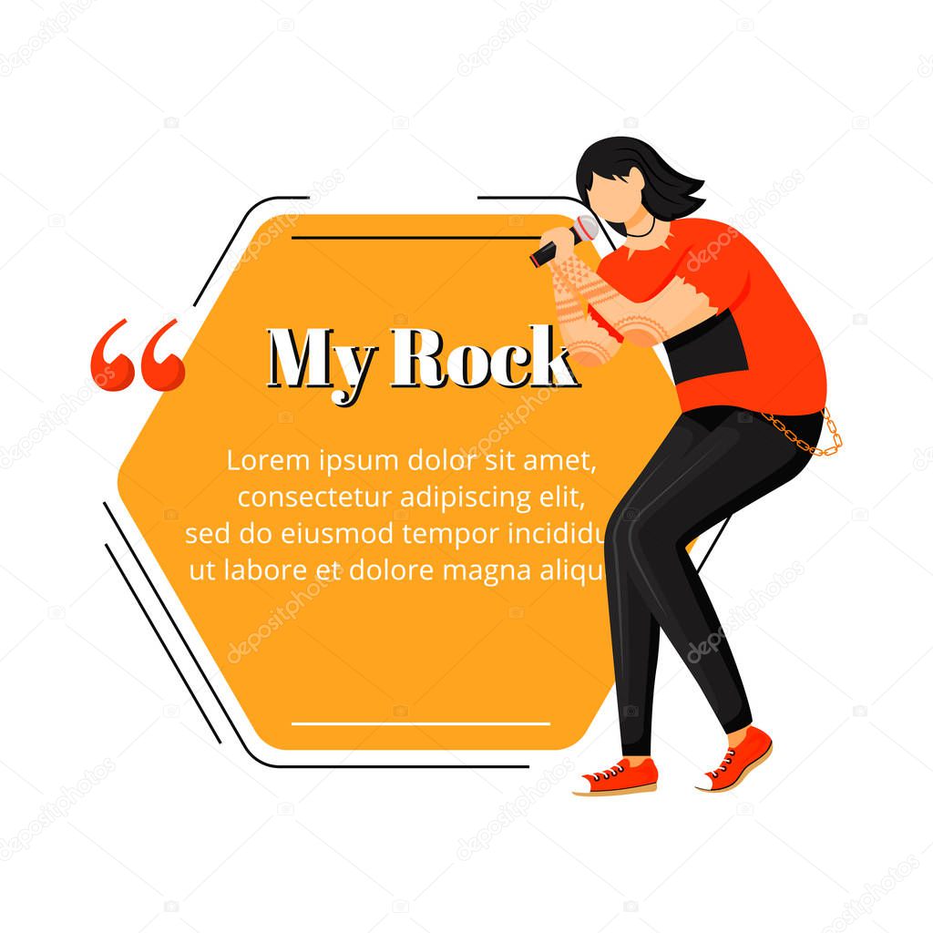 Singer flat color vector illustration. Vocalist. Rock musician. Concert. Isolated cartoon character. Quote blank frame template. Polygonal orange speech bubble. Quotation, citation text box design.