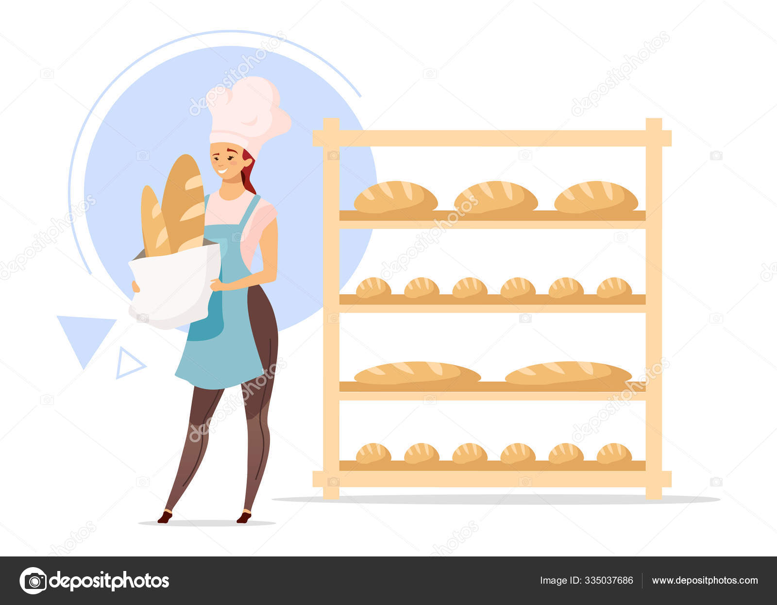 Image vectorielle Illustration vectorielle femelle boulanger plat couleur.  Femme à côté des étagères avec des produits de boulangerie. Production de  pain. Boulangerie. Industrie alimentaire. Une fille au chapeau de chef.  personnage de, image size:1600x1246
