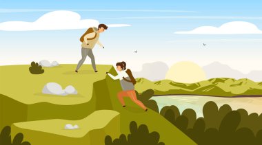 Climbing group flat vector illustration. Hikers couple on mountain hill. Man and woman on peak. Sunrise on river stream. Panoramic landscape scene. Tourist group cartoon characters