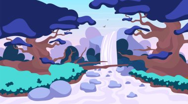 Jungle waterfall flat vector illustration. Fantasy mystical fauna. Tropical forest landscape. Panoramic scene with trees and river stream. Exotic land. Amazon waterfall. Rainforest cartoon background
