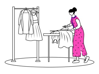 Ironing dresses, jackets flat contour vector illustration. Preparing clothes for fashion show. Designer assistant isolated cartoon outline character on white background. Dry cleaning simple drawing