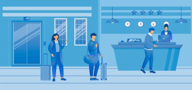 Hotel check in flat vector illustration. Tourists with baggage at reception. Receptionist at front desk with guests in waiting area. Hospitality service. Travelers with suitcases cartoon characters