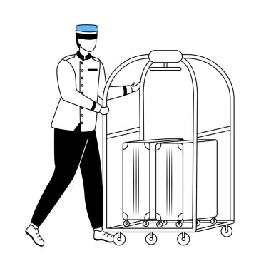 Porter flat vector illustration. Hotel service. Staff in uniform carrying guest baggage. Bellboy with suitcases. Bellhop with luggage cart. Bellman cartoon character with outline on white