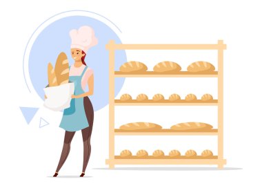 Dişi fırıncı düz renk vektör çizimi. Fırınlanmış ürünlerle rafların yanındaki kadın. Ekmek üretimi. Pasta dükkanı. Yiyecek endüstrisi. Şef şapkalı kız. Beyaz arkaplanda izole edilmiş çizgi film karakteri