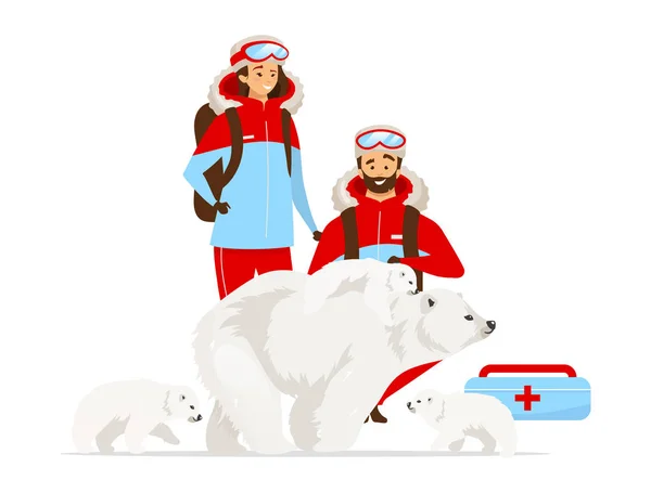 Animal rescue flat color vector illustration. Female and male veterinarians. White polar bear family medical help. Mammal with cubs. People and animal isolated cartoon character on white background — Stok Vektör