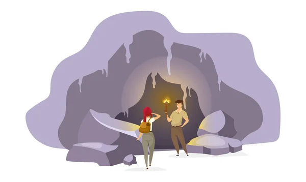 Explorers in cave flat vector illustration. Expedition group inside old mountain. Man standing with torch. Woman observing tunnel. Journey to ancient cavern. Tourists cartoon characters — Stock Vector