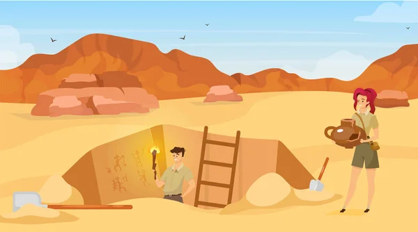 Excavation flat vector illustration. Archaeological site, man observe mural paintings. Sand desert. Egyptian wall pictures discovery. Ground hole in Africa. Expedition cartoon background — 스톡 벡터