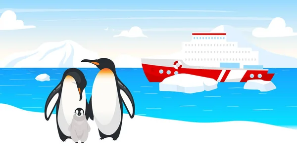 Antarctic wildlife flat vector illustration. Emperor penguins. Marine flightless bird family. Winter snow landscape. Boat in ocean. Ship in sea on background. Arctic animal cartoon characters — 스톡 벡터