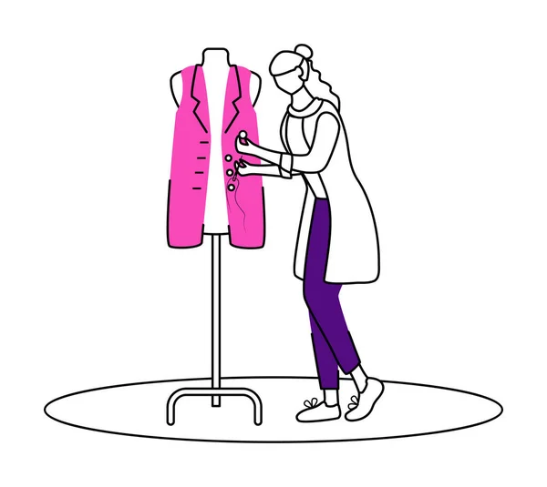 Fashion designer in atelier flat contour vector illustration. Sewing and reparing vest in studio isolated cartoon outline character on white background. Creating clothes at workshop simple drawing — ストックベクタ