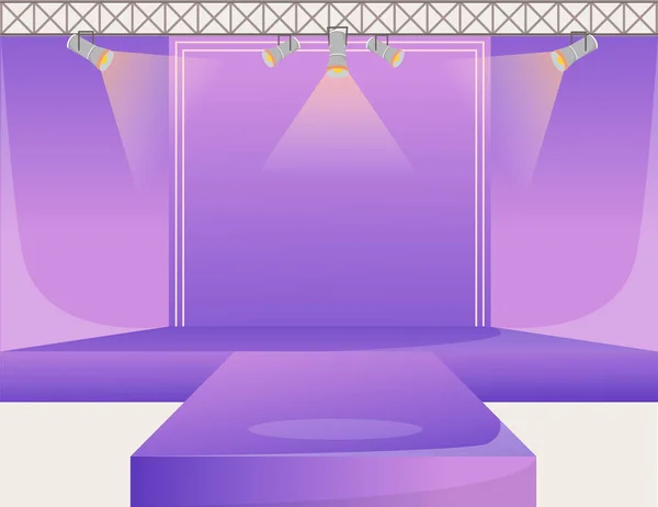 Plataforma de pista violeta ilustração vetorial de cor plana. Estágio de pódio vazio. Passarela com holofotes. Área de demonstração semana de moda. Apresentação de nova coleção. Moda mostra fundo — Vetor de Stock