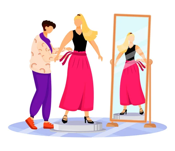 Mode ontwerper werk platte kleur vector illustratie. Beroemde mensen aankleden. Ik pas nieuwe kleren aan voor catwalk. Voorbereiding model voor landingsbaan geïsoleerde cartoon karakter op witte achtergrond — Stockvector