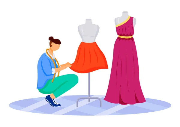 Fashion designer atelier flat color vector illustration. Creating exclusive skirts, dresses at workshop. Designing and sewing clothes in tailor studio isolated cartoon character on white background — ストックベクタ
