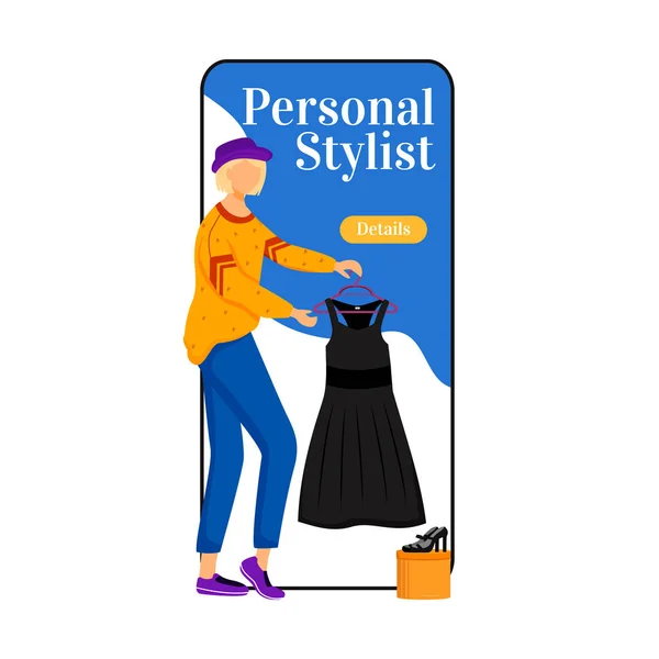 Personal stylist cartoon smartphone vector app screen. Picking right clothes. Choose new outfits. Mobile phone display with flat character design mockup. Fashion trends application telephone interface — ストックベクタ