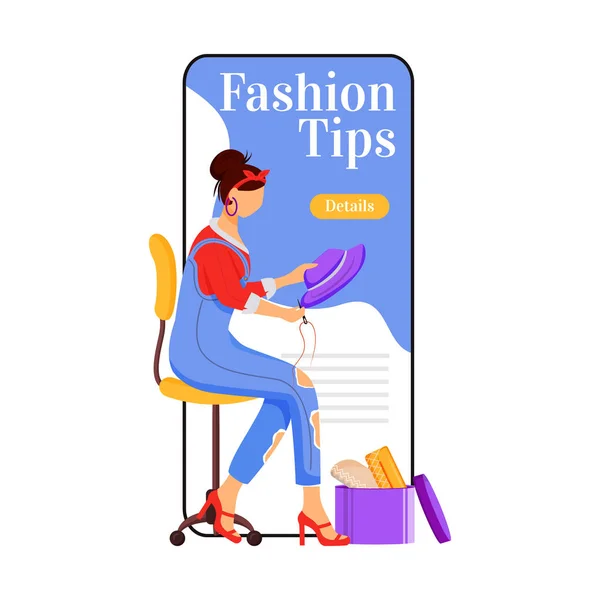Fashion tips cartoon smartphone vector app screen. Creating, sewing clothes. Designing diy outfits. Mobile phone display with flat character design mockup. Designer application telephone interface — Stock Vector