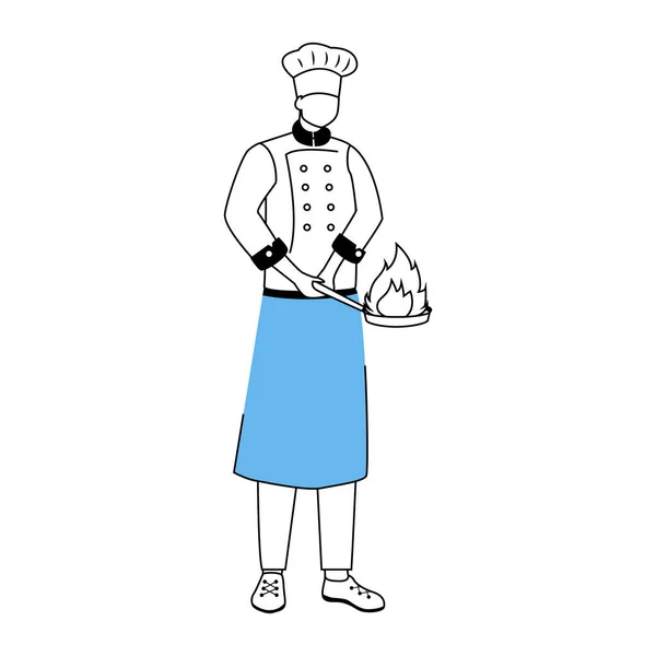 Chef med stekpanna platt vektor illustration. Hotellets restaurangpersonal. Tillredning av mat, matlagning. Servering av mat. Köksarbetare i förkläde tecknad karaktär med kontur på vitt — Stock vektor