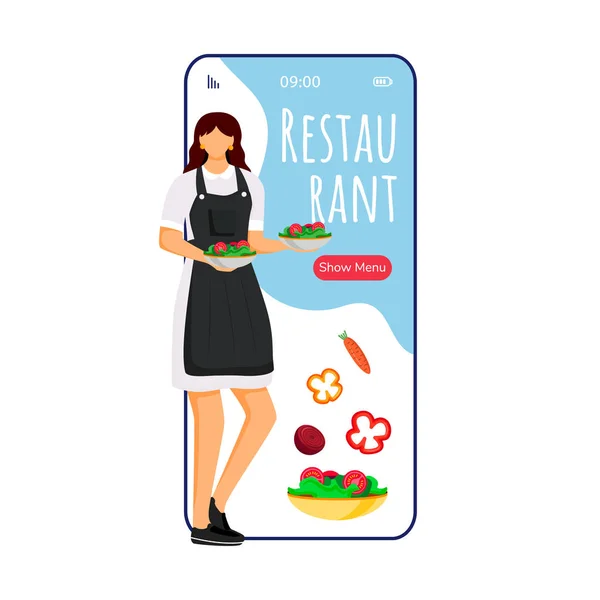 Hôtel restaurant dessin animé smartphone écran d'application vectoriel. Affichage de téléphone portable avec modèle de conception de personnage plat chef. Commande de nourriture, menu. Interface téléphonique d'application de service de restauration — Image vectorielle