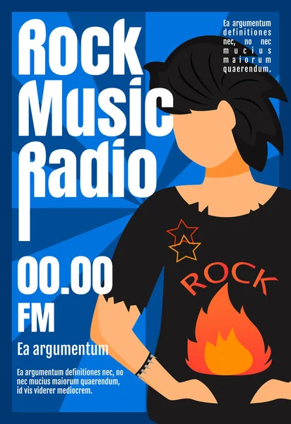 Modello di brochure radiofonica musicale rock. Volantino, opuscolo, depliant con illustrazione piatta. Schema dei cartoni animati vettoriali per la rivista. Invito pubblicitario con spazio di testo — Vettoriale Stock