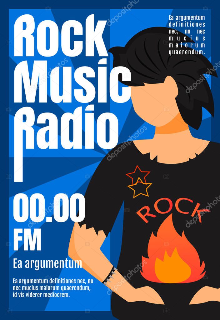 Rock music radio brochure template. Flyer, booklet, leaflet concept with flat illustration. Vector page cartoon layout for magazine. Advertising invitation with text space
