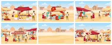 Mısır pazarı düz renk vektör çizimleri ayarlandı. Halıları, baharatları, el yapımı çömlekleri olan bir Arap pazarı. Turistler el yapımı hediyelik eşya çizgi film karakterleri satın alıyorlar. Doğu çarşısı çöl arka planı