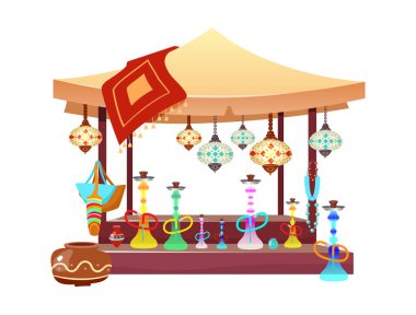 Karikatür resimli doğu çadırı. Şark pazarında shisha, el yapımı aksesuarlar ve düz renkli eşyalar. Mısır ve İstanbul pazar tezgahı beyazlar üzerinde izole