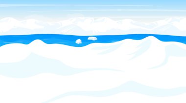 Kuzey kutbu düz vektör çizimi. Antarktika manzarası. Beyaz kar çölü, okyanuslu panoramik kara. Kutup soğuğu sahnesi. Kuzey yüzeyi. Buz fiyordu. Alaska mı? Arktik çizgi film arkaplanı