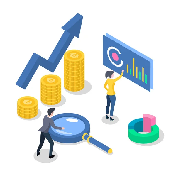 Accounting and audit isometric color vector illustration. Revenue increase. Economic growth. Workers developing business plan. Data analysis and statistics. 3d concept isolated on white background — 스톡 벡터